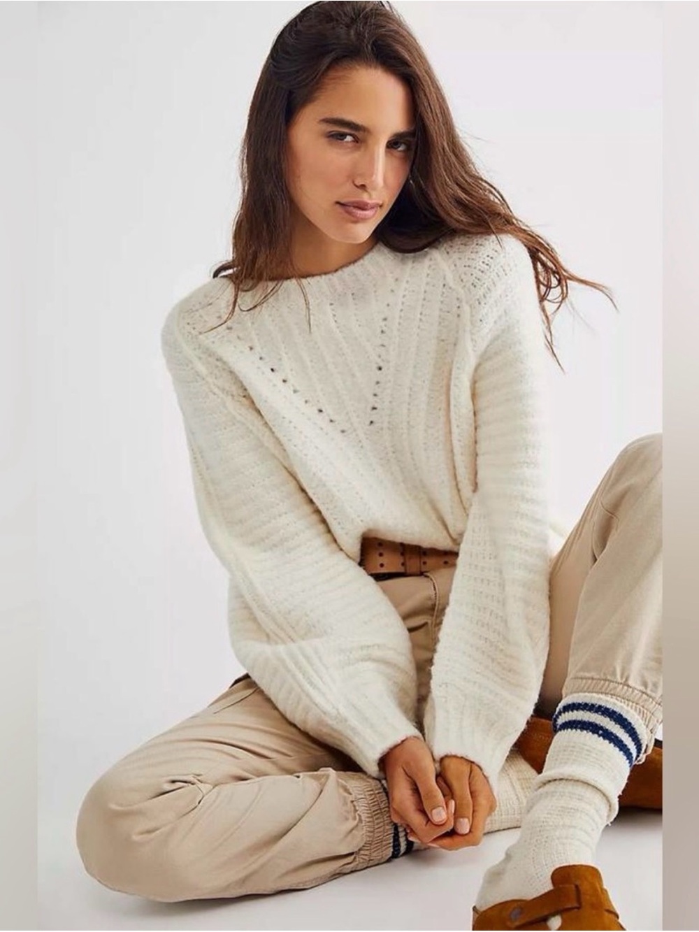 Free People Cream Ribbed Knit Sweater Size M